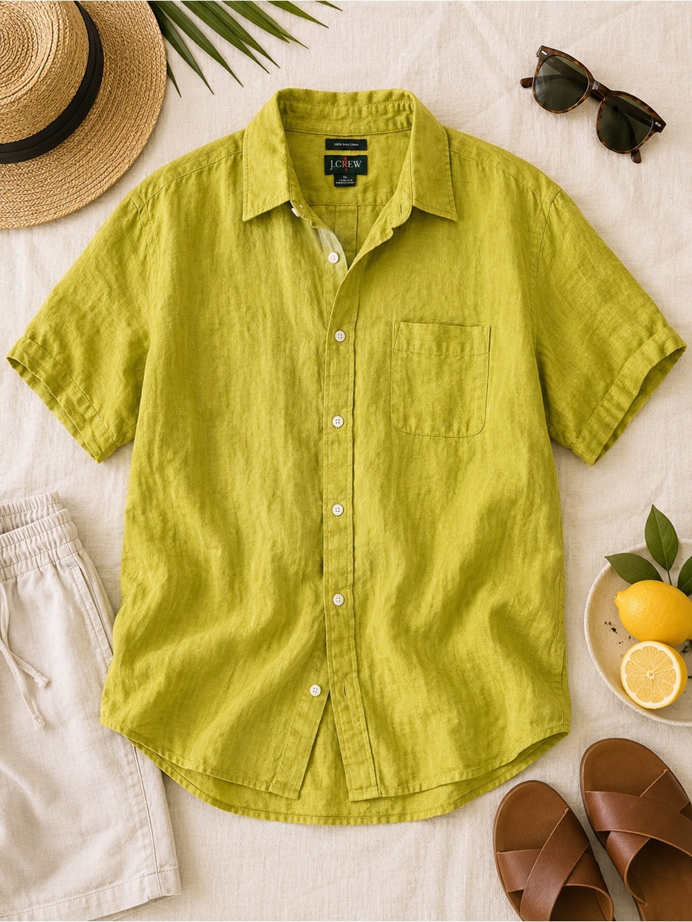 J.Crew Irish Linen Short Sleeve Button Down Shirt Lime Green XL